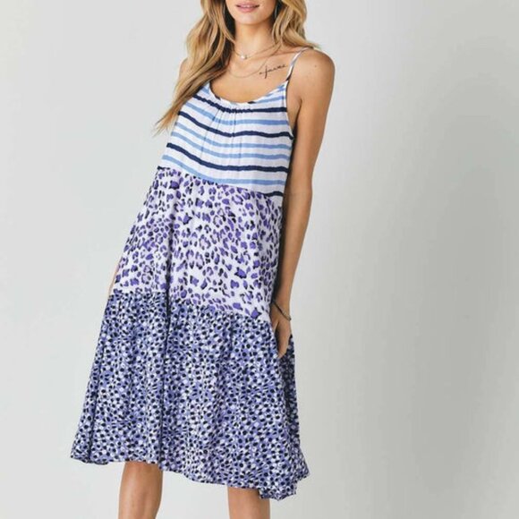 Blue & White Adorable Summer Sundress, MULTI PRINT SLEEVELESS MIDI DRESS, S - Picture 3 of 11
